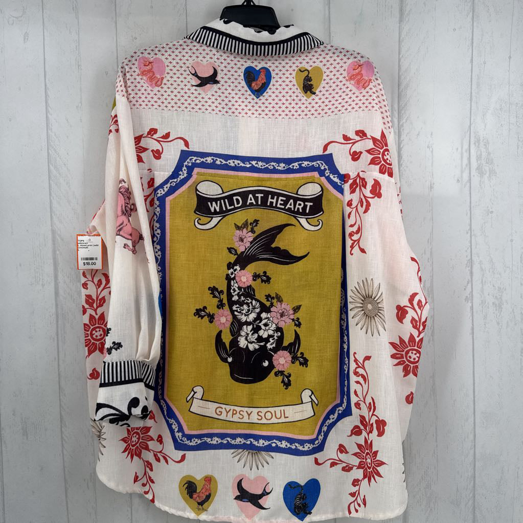L mixed print (wild at heart) button down l/s top
