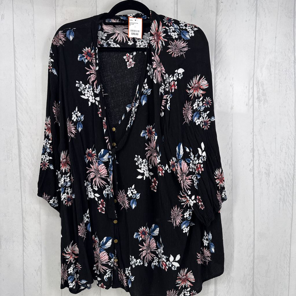 4X flo print tie-front 3/4 slv top