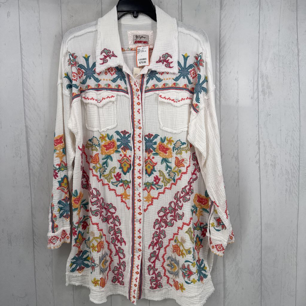 R295 L gauze flo embroidered button down l/s top