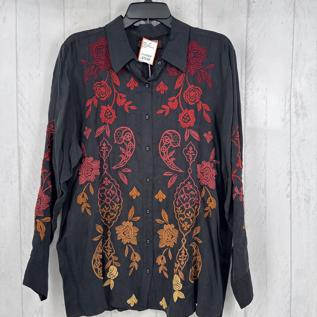 L flo embroidered button down l/s top