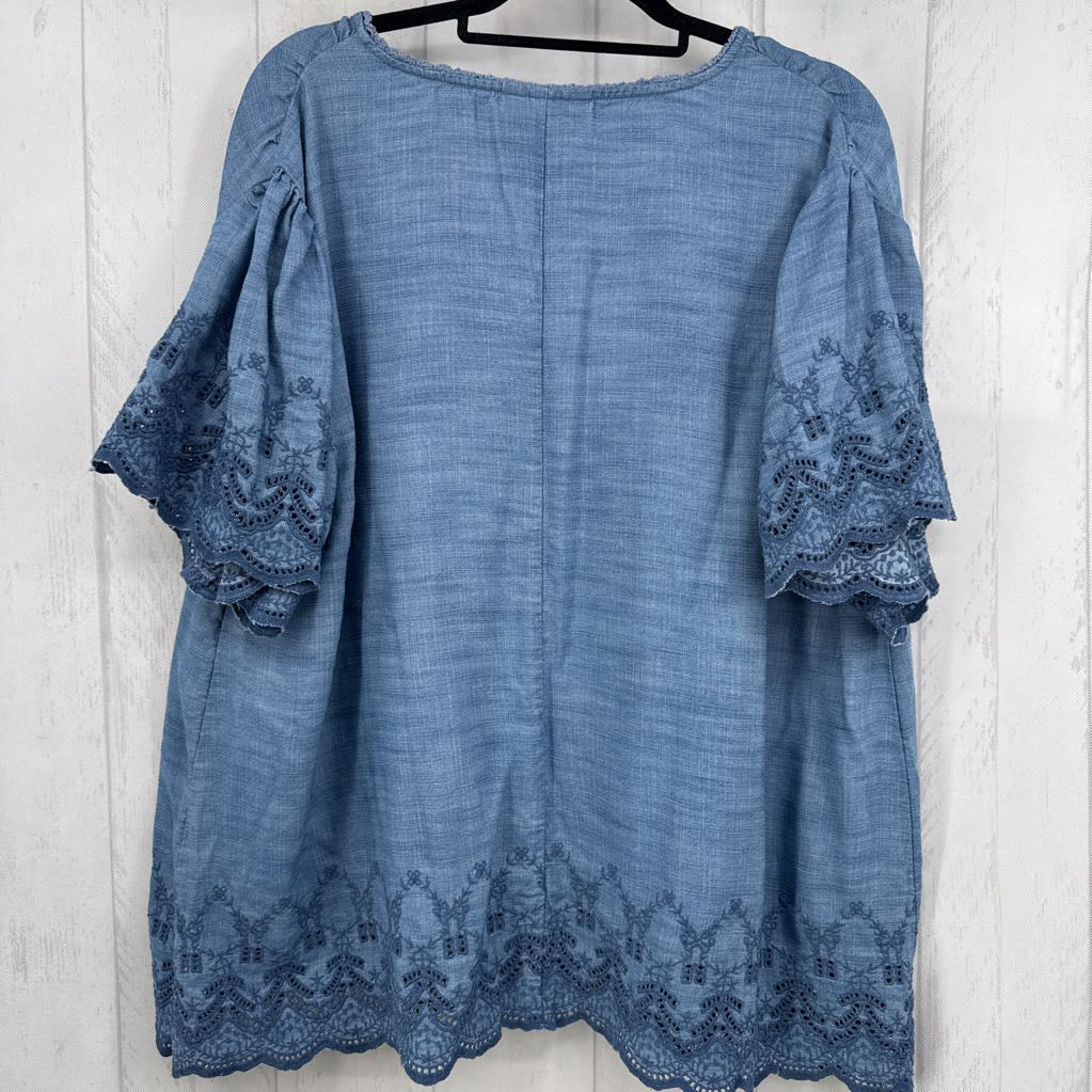 20 chambray split neck eyelet detail s/s top