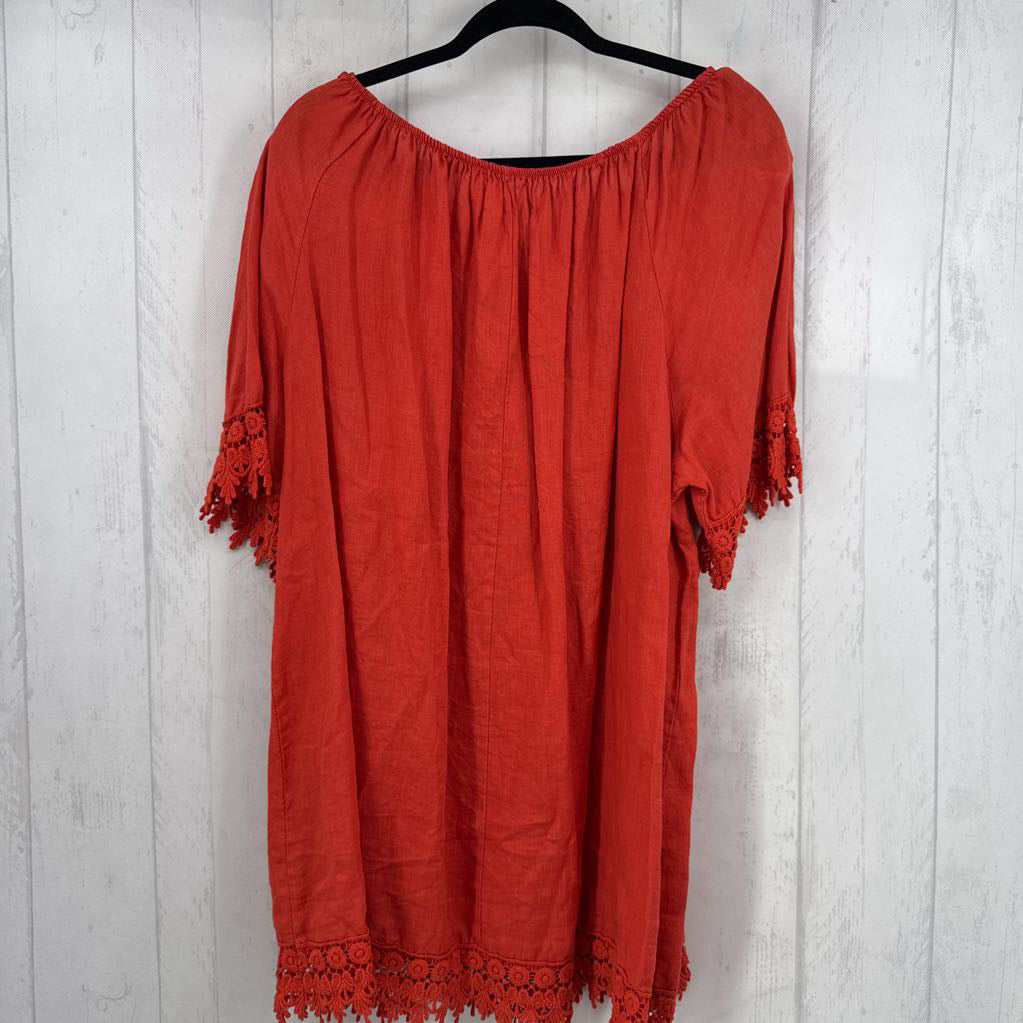 2X lace trim elbow slv top