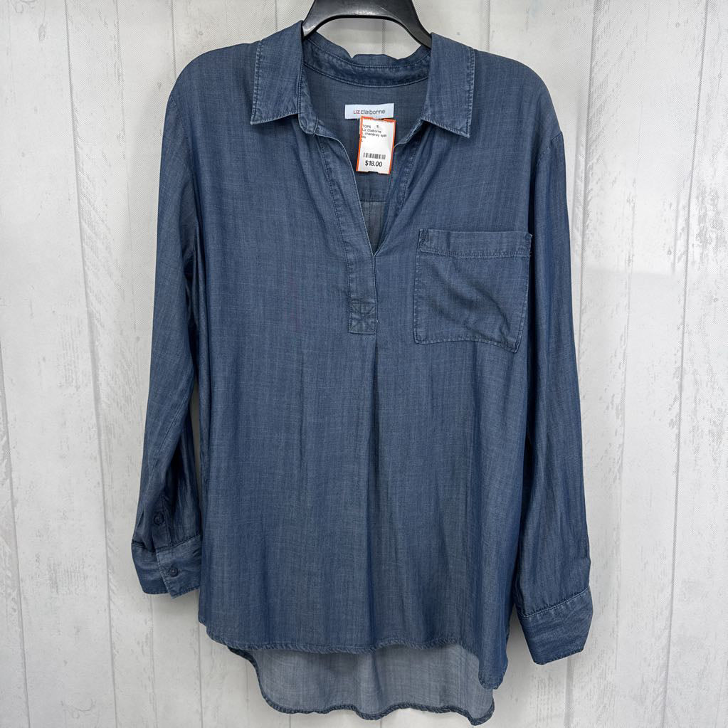 L chambray split neck l/s top