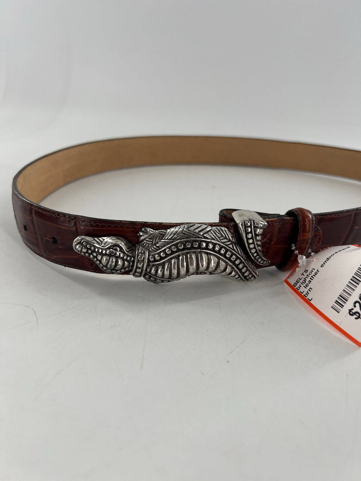 L leather embossed alligator buckle belt