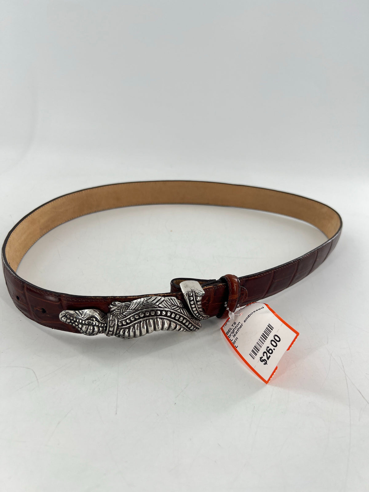L leather embossed alligator buckle belt