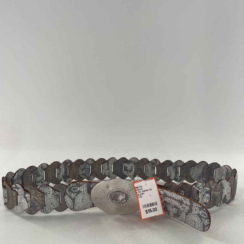 L/XL leather flo embossed silver buckle belt