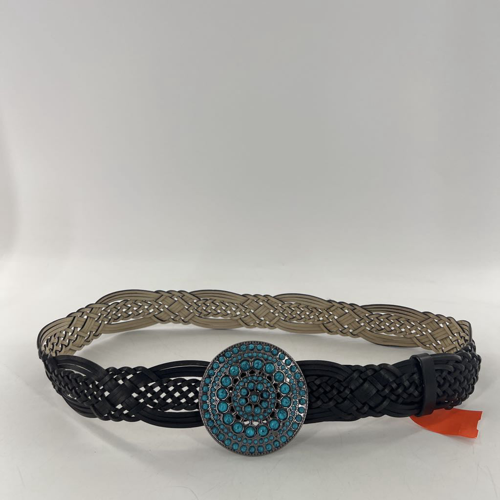 L woven leather turquoise buckle belt