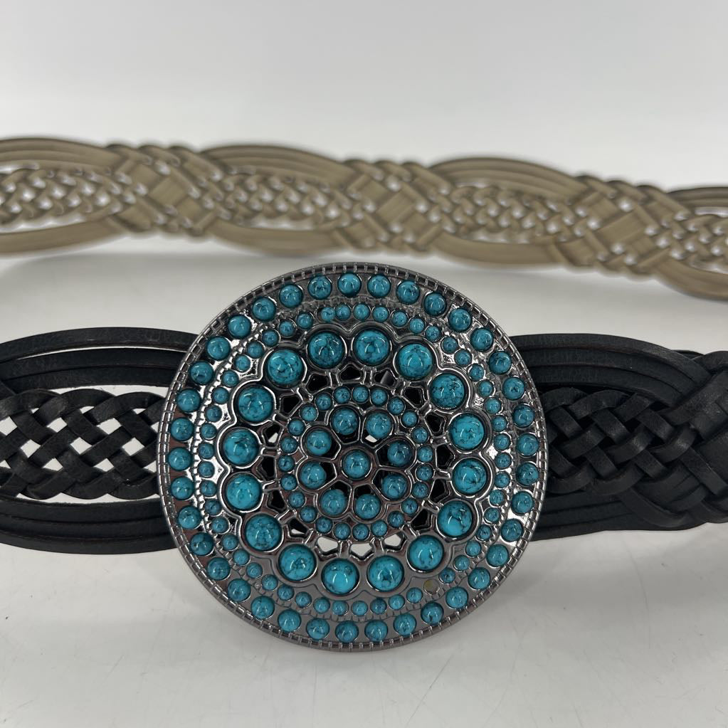 L woven leather turquoise buckle belt