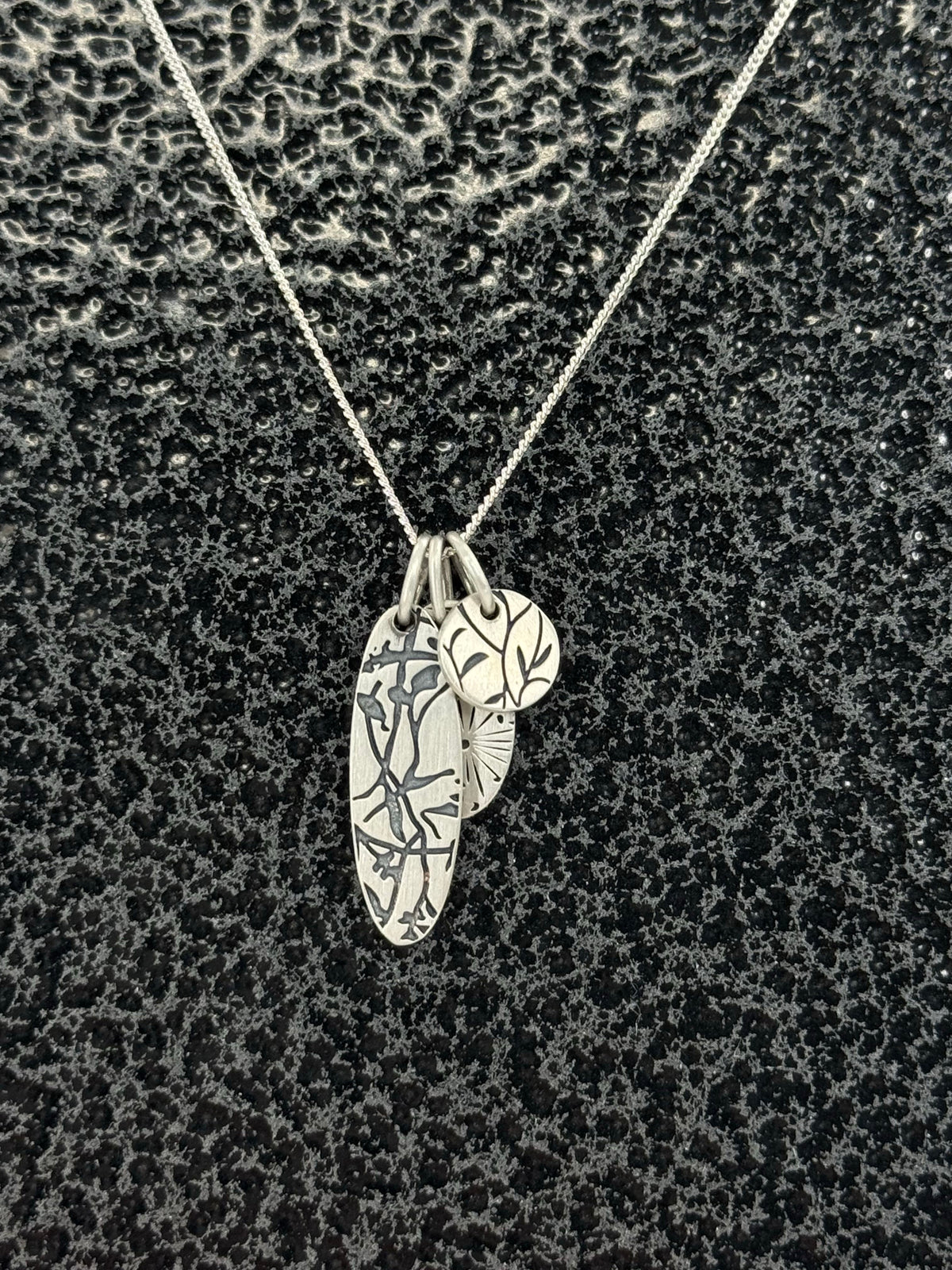 .925 silver etched floral charm necklace