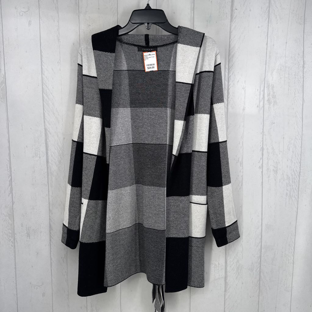 M plaid open front belted cardi