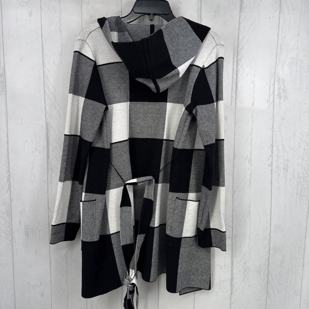 M plaid open front belted cardi
