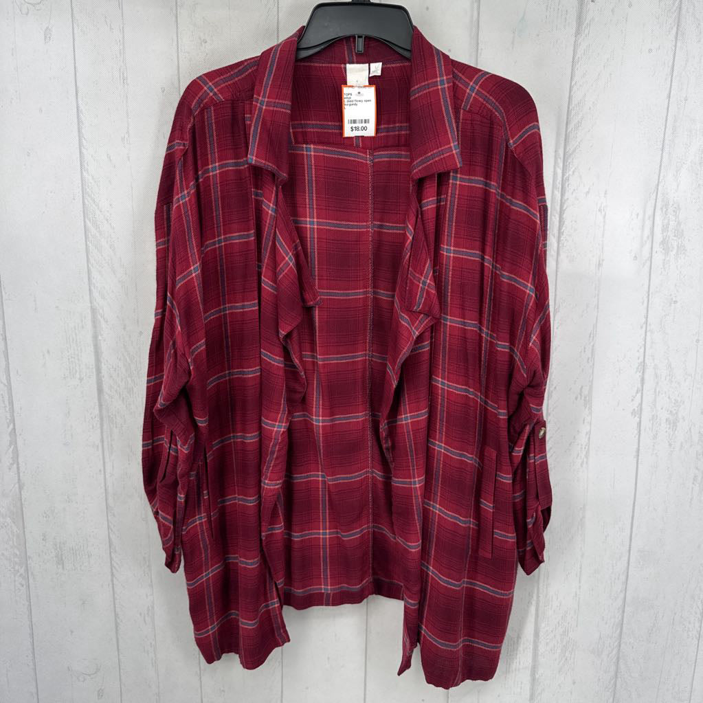 L plaid flowy open front tab slv top