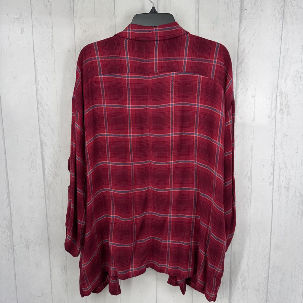 L plaid flowy open front tab slv top