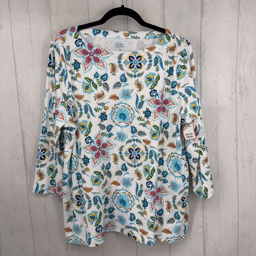 XXL flo print boat neck 3/4 slv tee