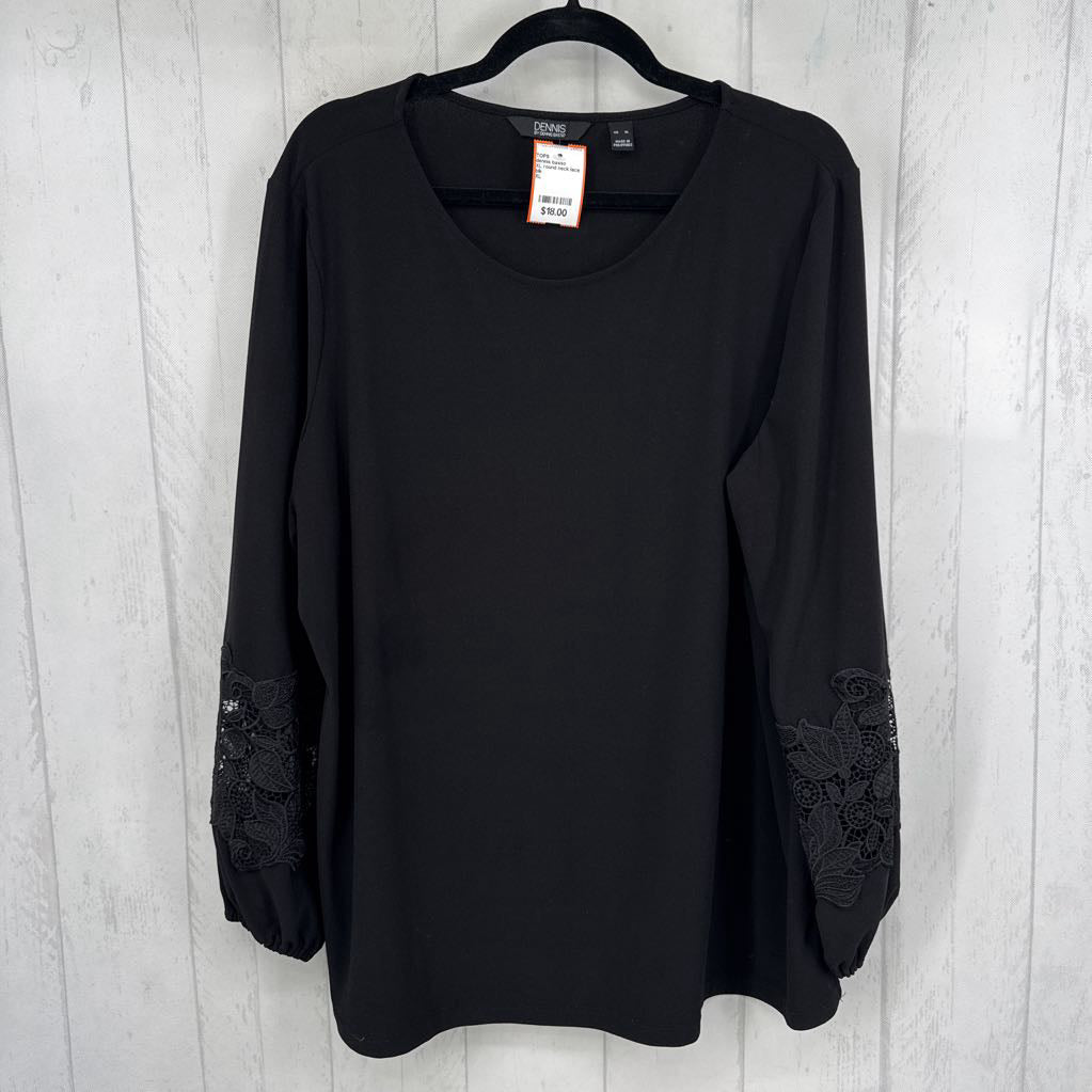 XL round neck lace accent slv top