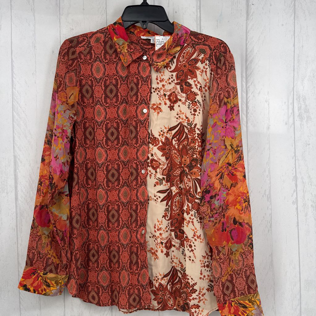XL mixed print button down l/s top