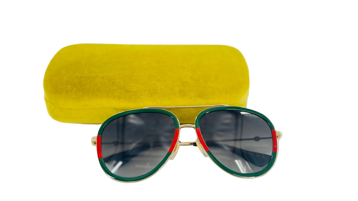 Gucci aviator sunglasses w/ gold/grn/red web frame w/ case