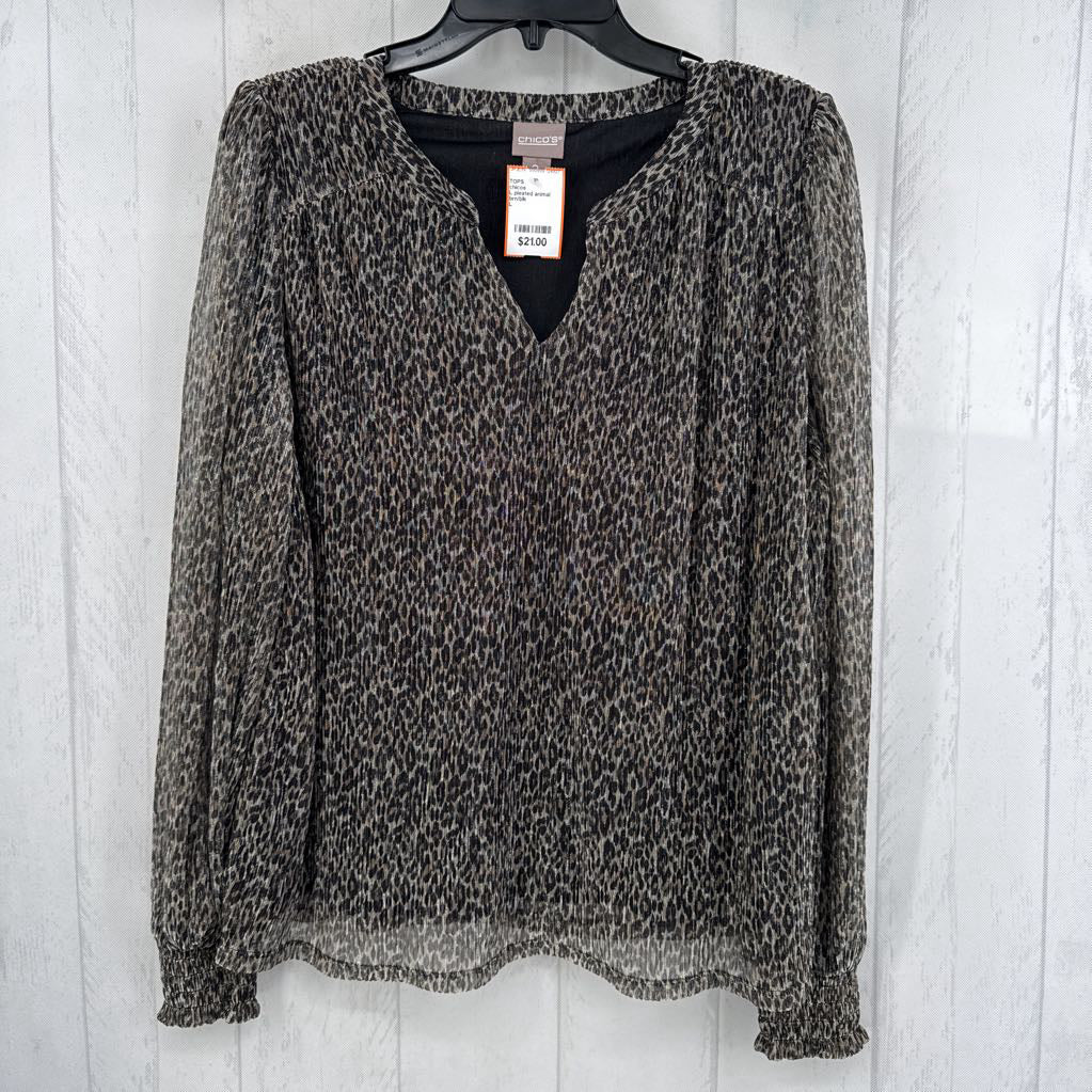 L pleated animal print notch neck l/s top