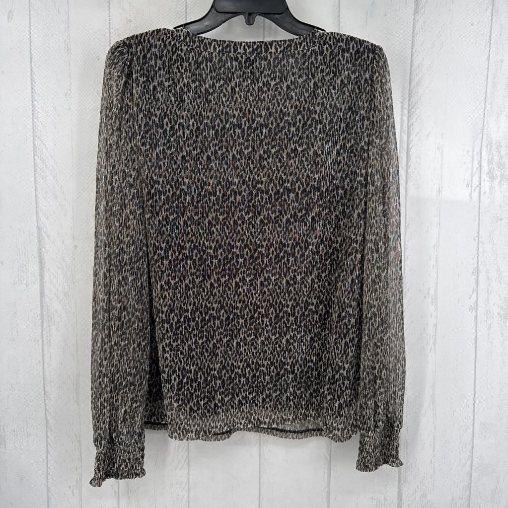 L pleated animal print notch neck l/s top