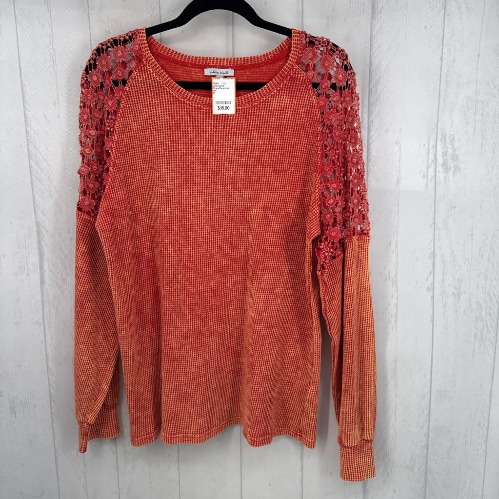 M waffle knit & lace l/s top