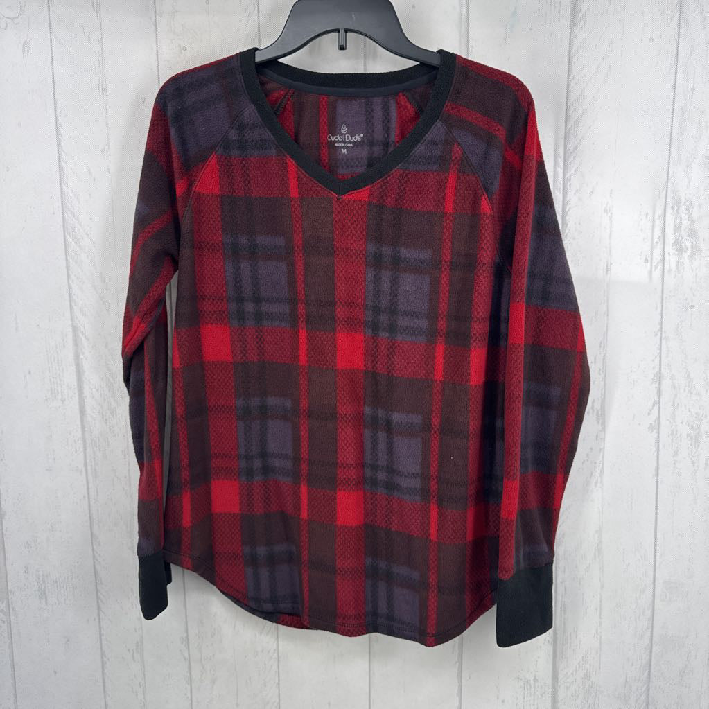 M fleece plaid v-neck l/s top