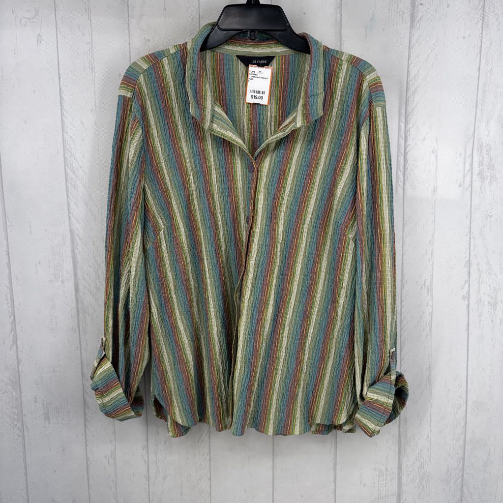 L textured striped button down tab slv top