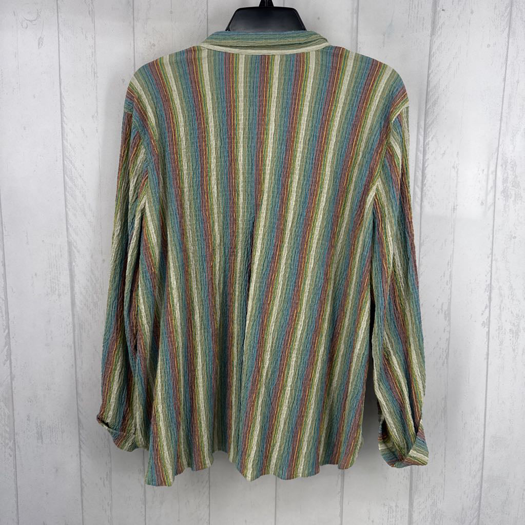 L textured striped button down tab slv top