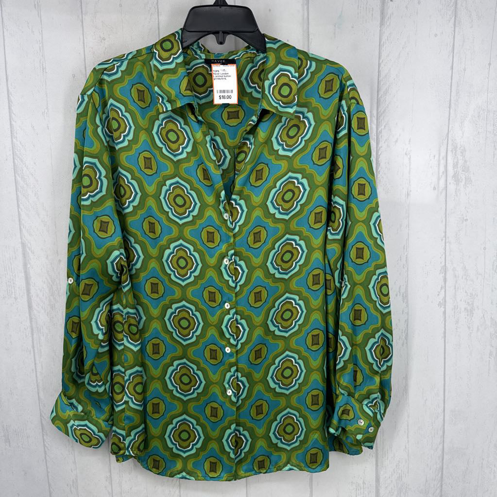 L printed button down l/s top