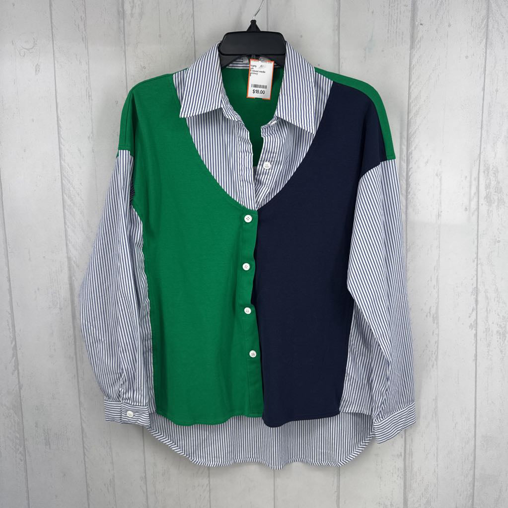 S mixed media button down l/s top