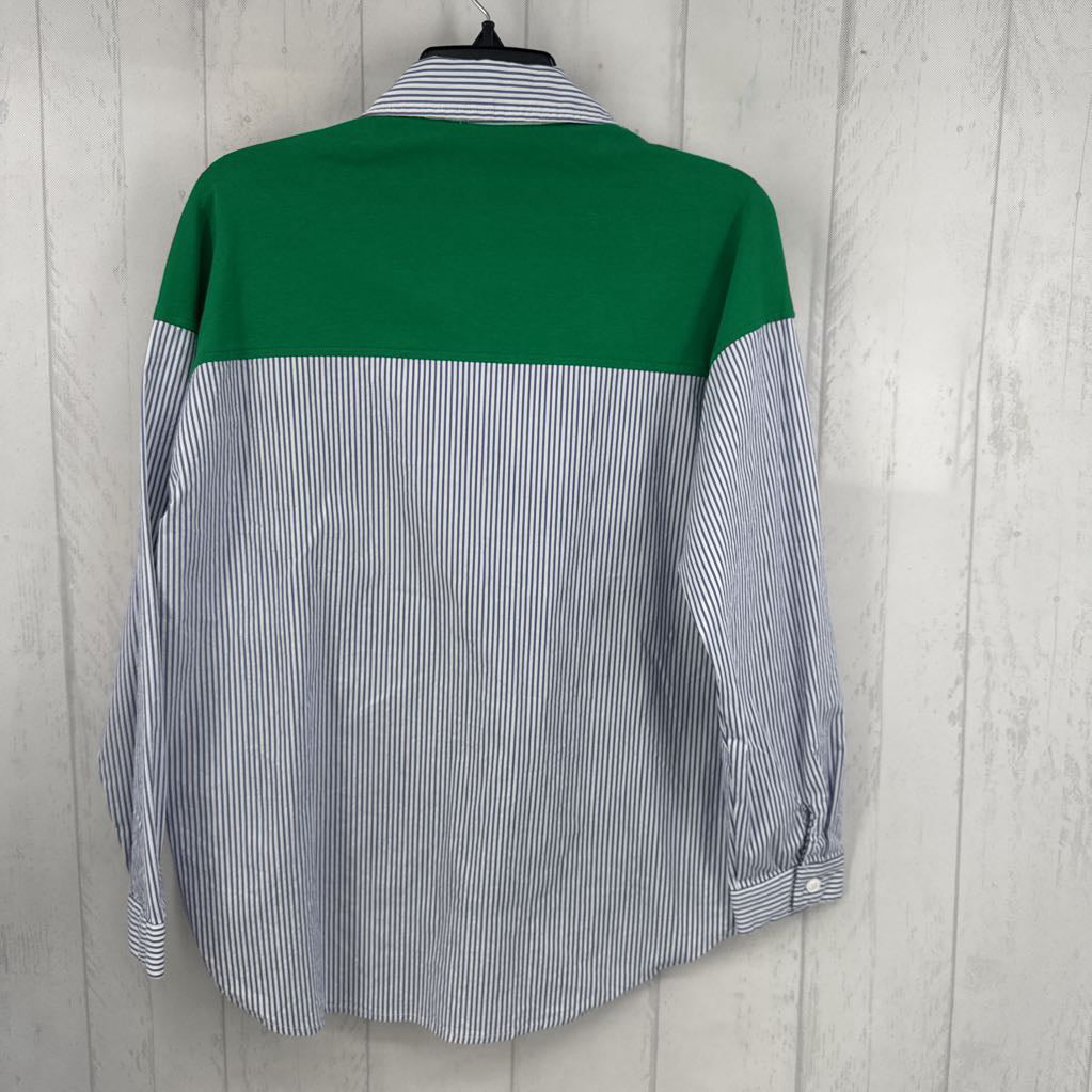 S mixed media button down l/s top