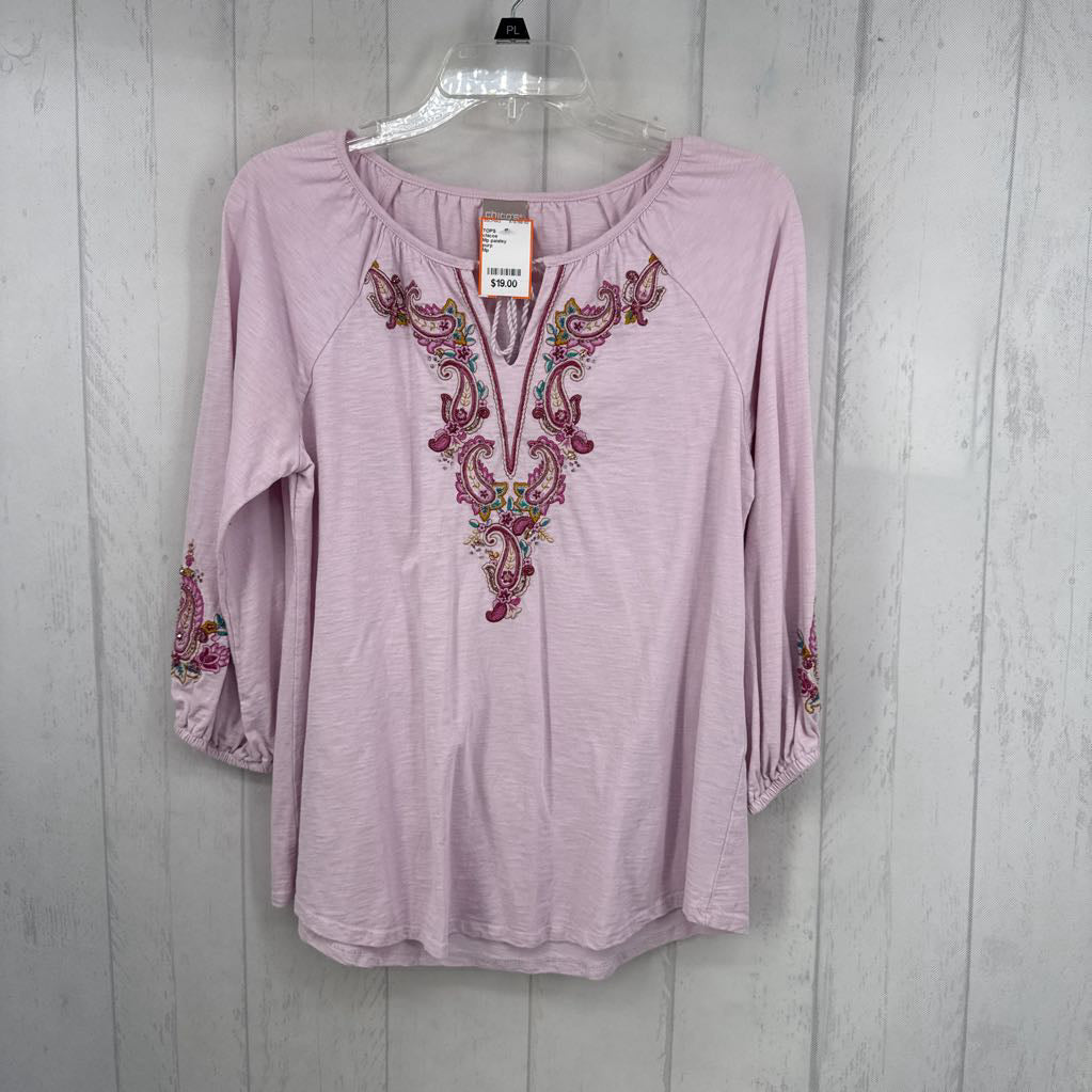 Mp paisley embroidered notch neck 3/4 slv top