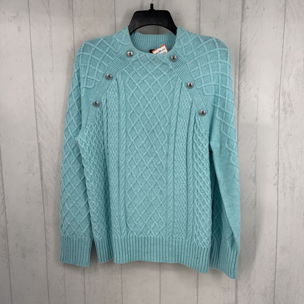 M cable knit mock neck sweater