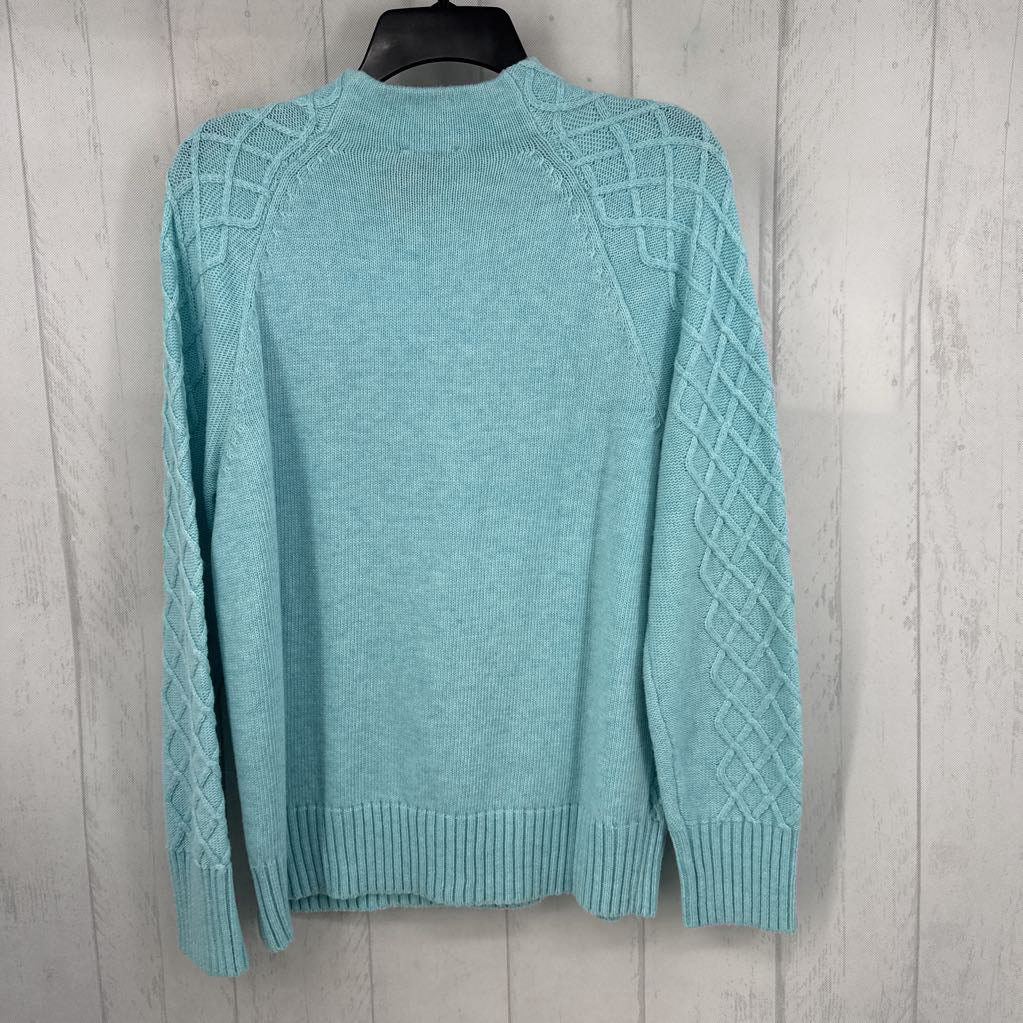 M cable knit mock neck sweater