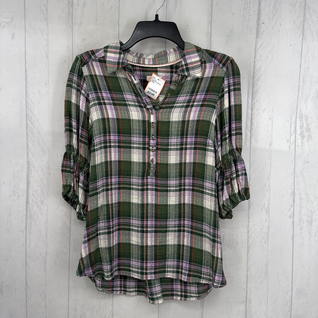 S plaid 1/2 button down 3/4 slv top