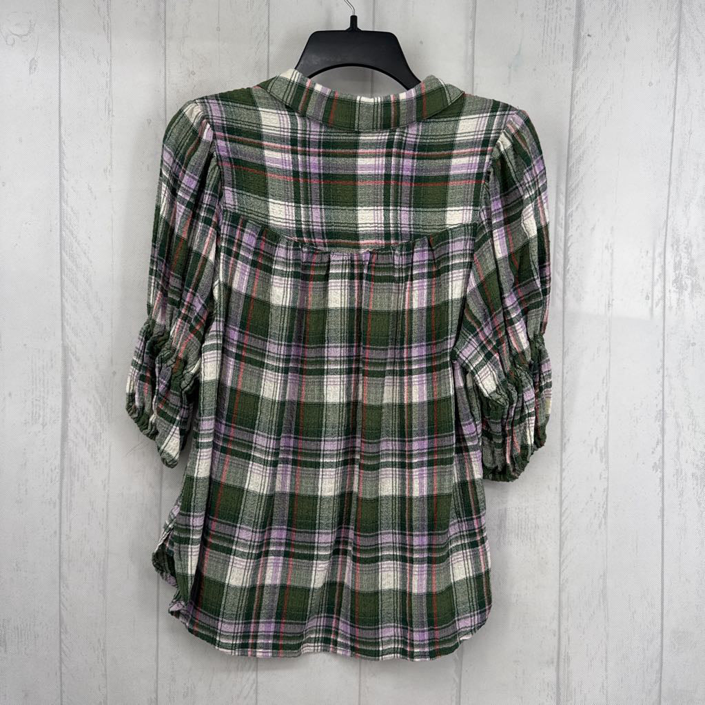 S plaid 1/2 button down 3/4 slv top