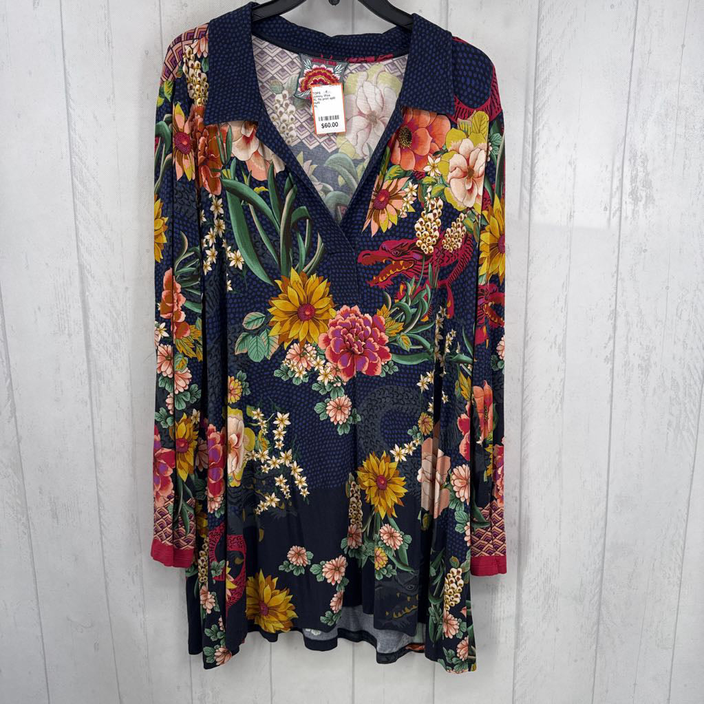 XL flo print split neck l/s tunic