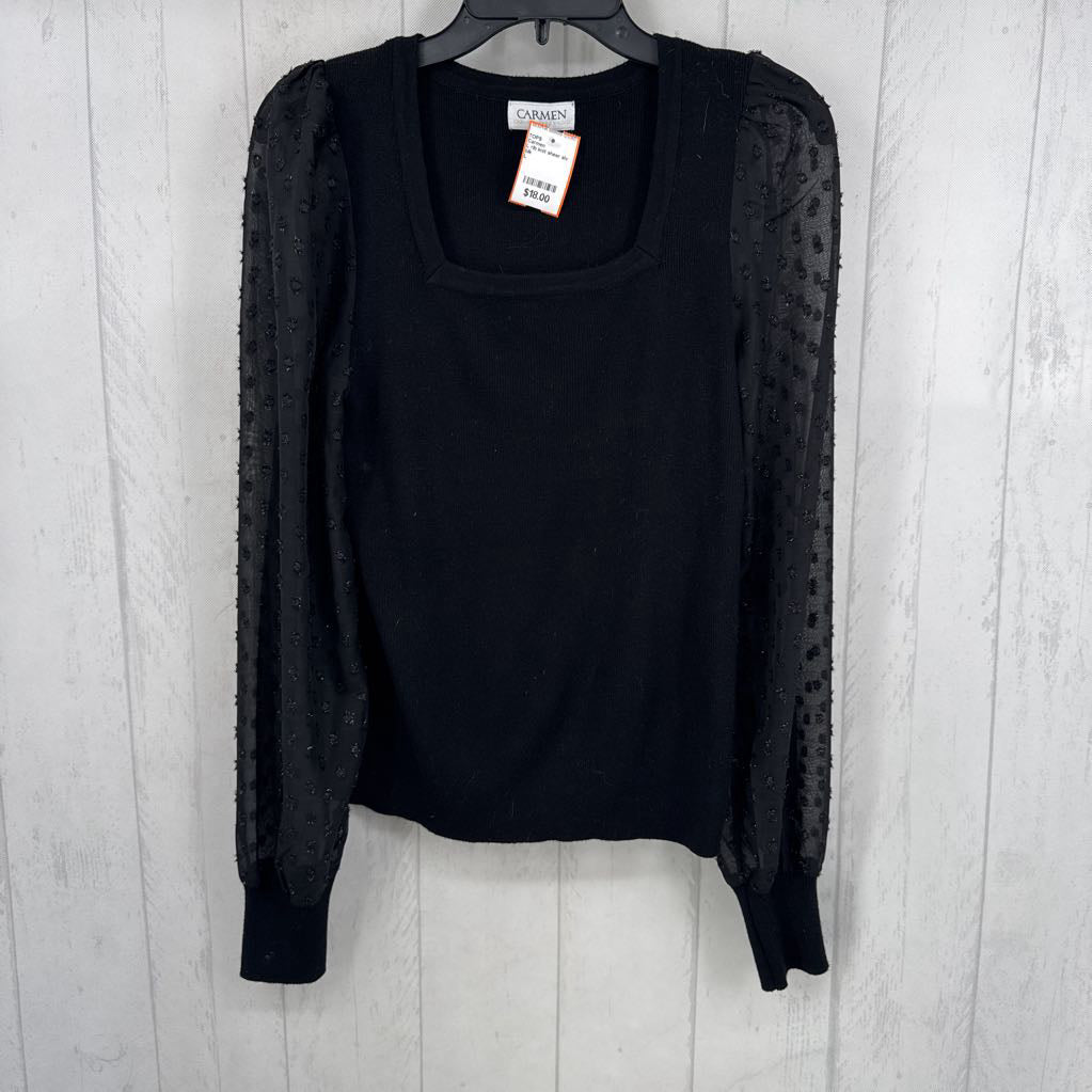 L rib knit sheer slv top l/s