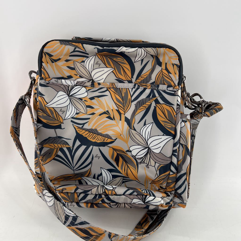 double zip leaf print crossbody w/ zip around pockets