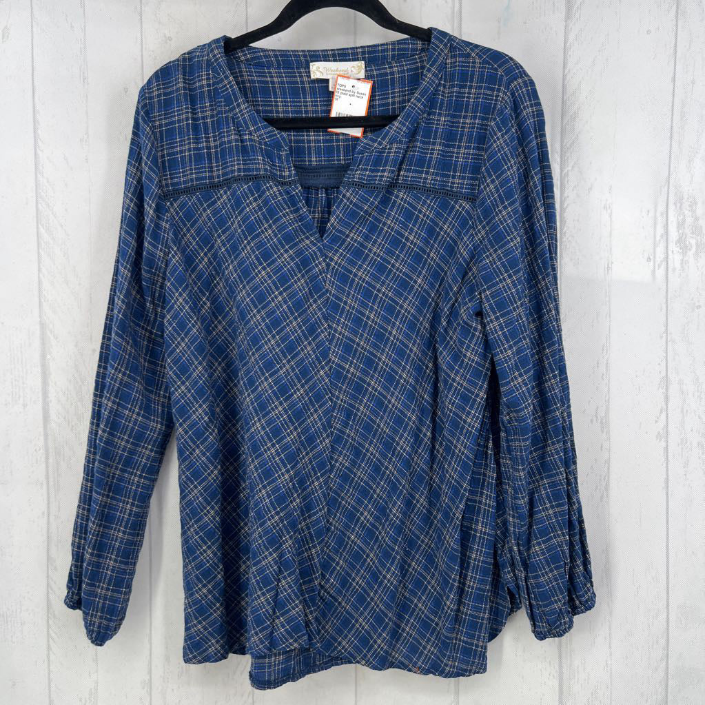 1X plaid split neck l/s top