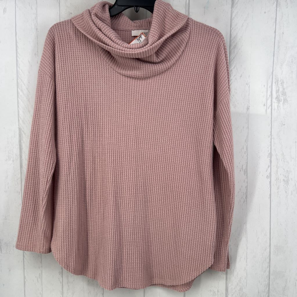 L waffle knit cowl neck l/s top