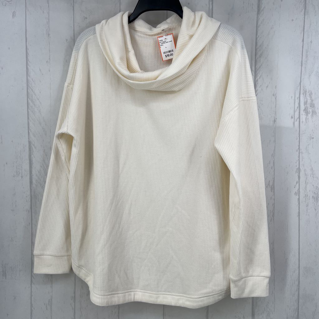 L waffle knit cowl neck l/s top