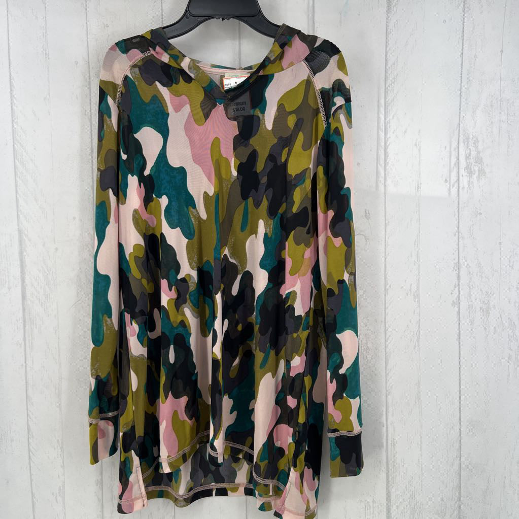 M camo print mesh hooded l/s top