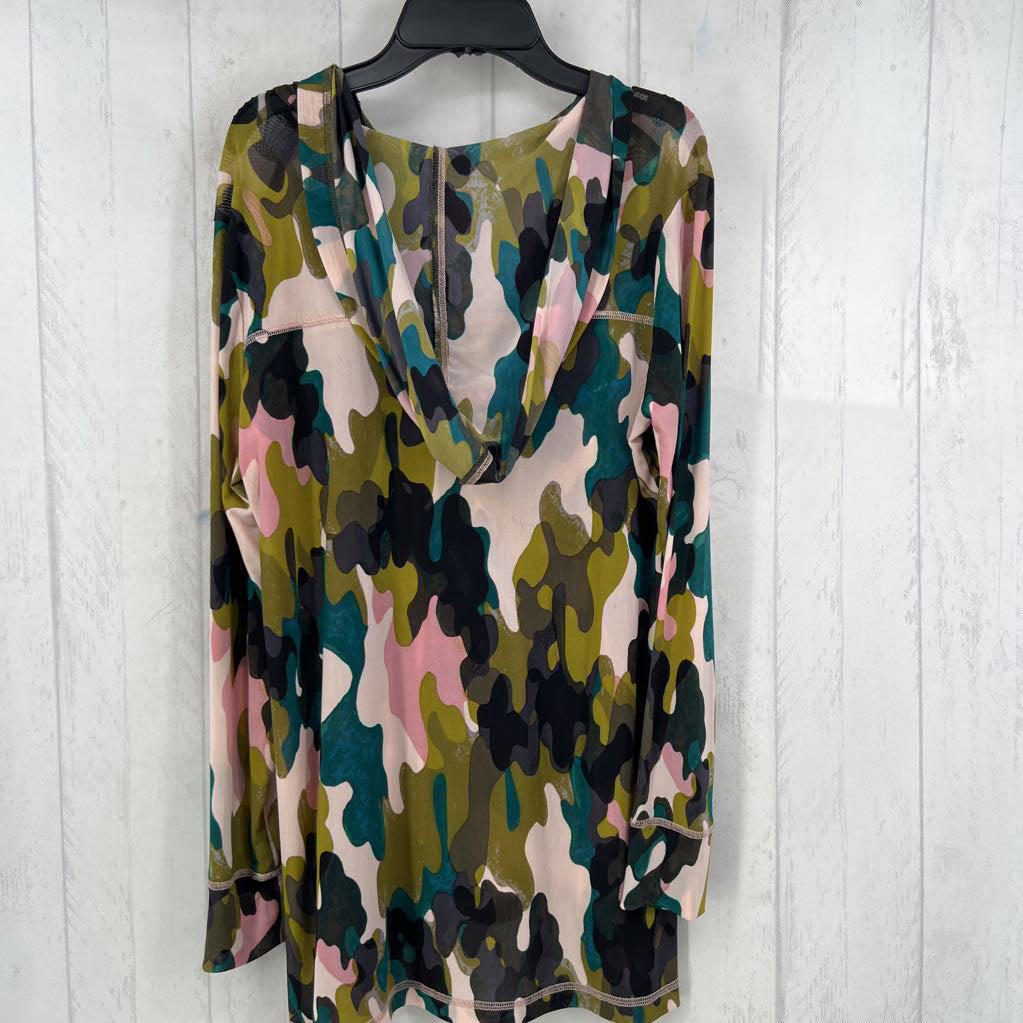 M camo print mesh hooded l/s top
