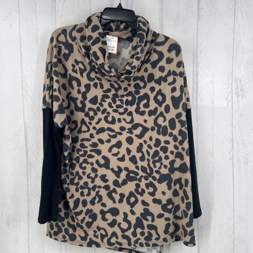 L animal print cowl neck l/s top
