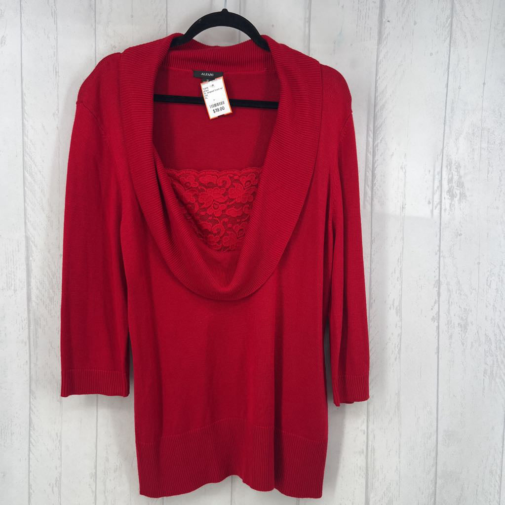 XL draped front w/ lace inset 3/4 slv knit top