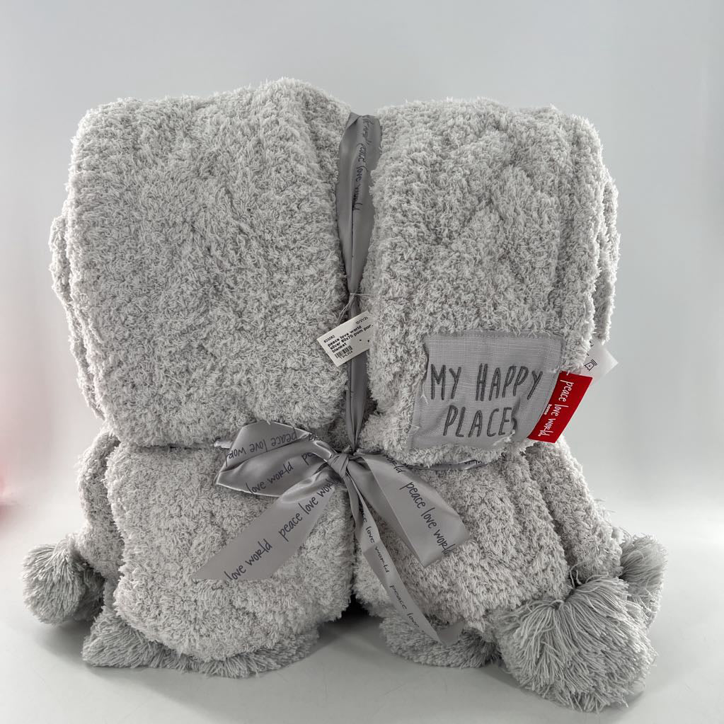 peace love world silver 60x70 pom pom blanket