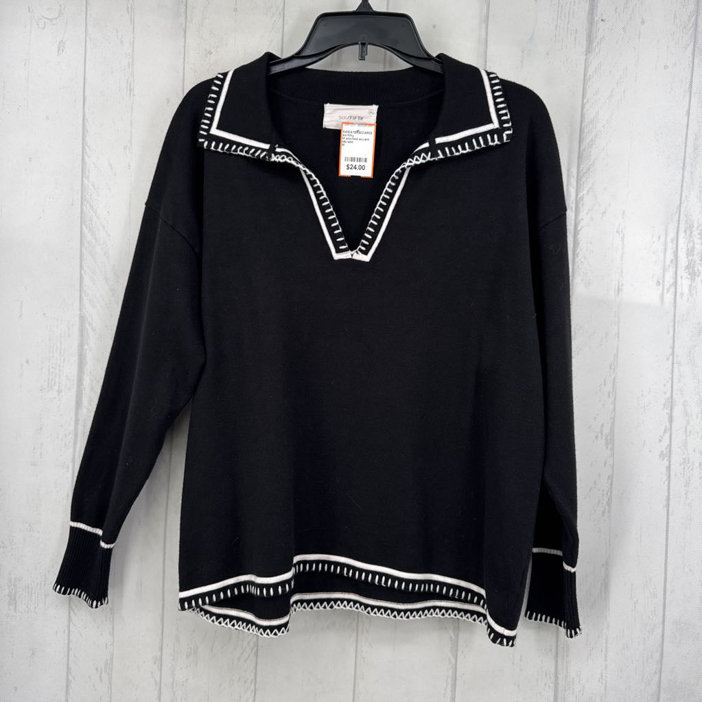 M stitched accent split neck sweater