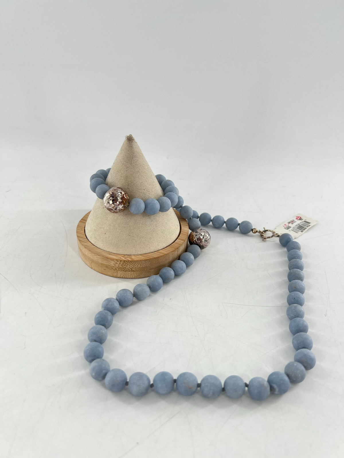 2pc frosted blue beaded necklace & bracelet set