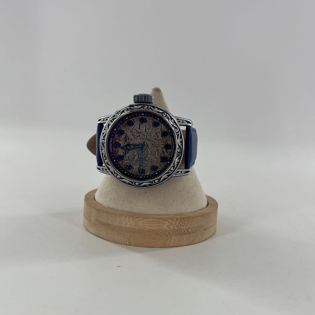 ornate scrollwork navy leather band watch
