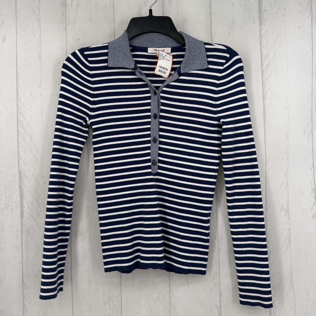 XS ribbed striped 1/2 button down l/s top
